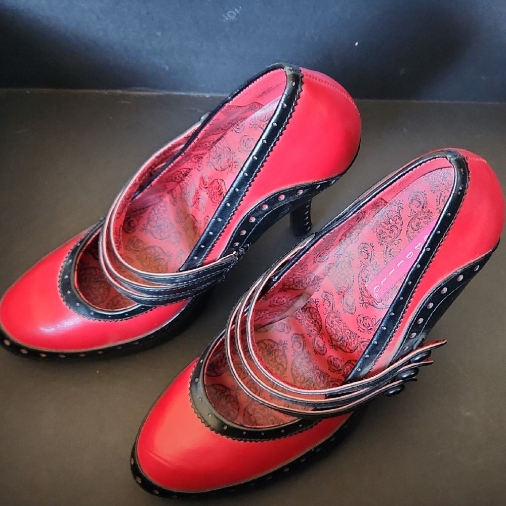 Pleaser Red and Black Heels with Multi-Strap Design